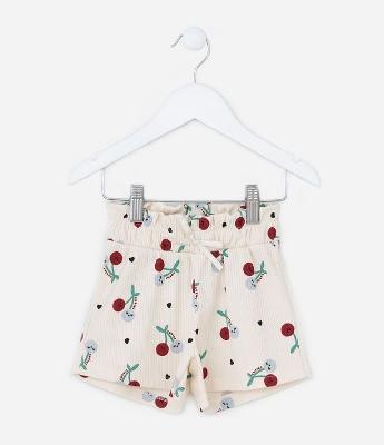 Short Infantil Canelado com Estampa Cerejinhas - Tam 1 a 6 Anos