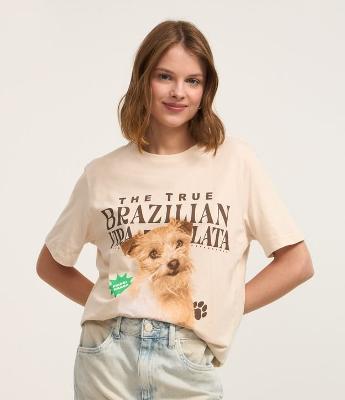 Camiseta Alongada em Algodão com Estampa Vira Lata Fiapo de Manga