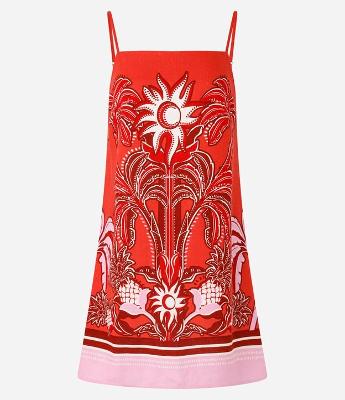 Vestido Curto em Viscose e Linho com Estampa de Folhagens
