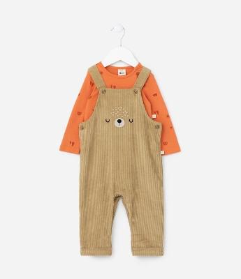 Conjunto Infantil em Veludo com Estampa Carinha de Bichinho - Tam 0 a 18 meses