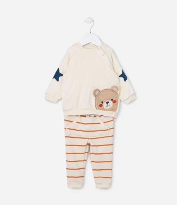 Conjunto Infantil em Fleece com Estampa Ursinho e Listras - Tam 0 a 18 meses