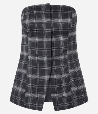 Blusa Alongada em Alfaiataria Xadrez com Elástico nas Costas