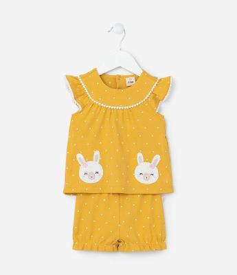 Conjunto Infantil com Bordado Coelhinha - Tam 0 a 18 meses