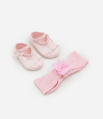 Meia Sapatilha Infantil com Laço e Faixa de Cabelo - Tam 0 a 12 meses
