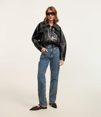 Calça Reta em Jeans com Brilhos de Strass