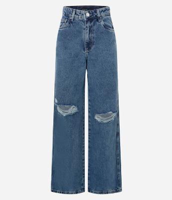 Calça Wide Leg Jeans com Puídos e Rasgo no Joelho