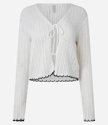 Cardigan Relaxed em Tricô com Amarração e Detalhes Contrastantes