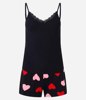 Pijama Short Doll em Ribana com Short Estampa de Corações