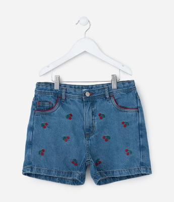 Short Infantil em Jeans com Bordado de Cerejinhas - Tam 5 a 14 Anos