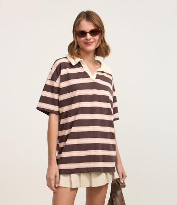 Camiseta Oversized Boxy em Algodão com Gola Polo e Listras