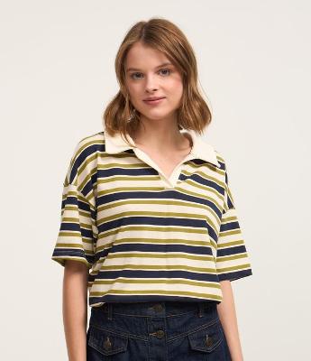 Camiseta Oversized Boxy em Algodão com Gola Polo e Listras