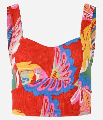 Blusa Cropped com Decote Coração e Estampa Tropical Texturizada
