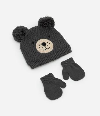 Conjunto Touca e Luva em Tricô com Bordado Urso - Tam 0 a 12 meses