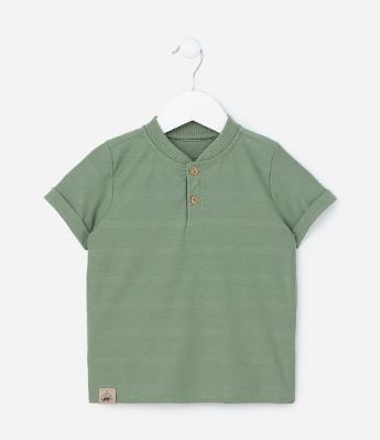 Camiseta Infantil Texturizada com Gola Henley - Tam 1 a 6 Anos