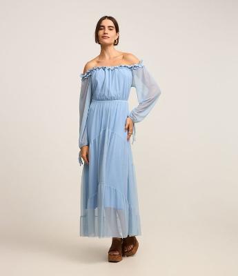 Vestido Longo em Tule com Decote Ombro a Ombro e Recortes