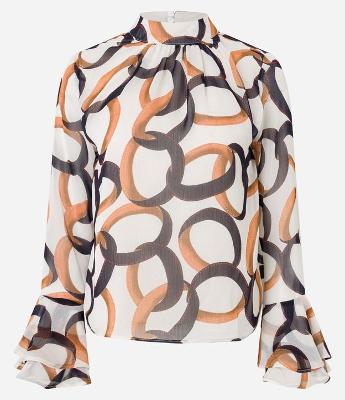 Blusa em Chiffon com Manga Sino e Estampa Anéis