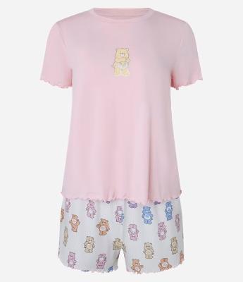 Pijama Short Doll em Viscose com Estampa Ursinhos Carinhosos e Frufru