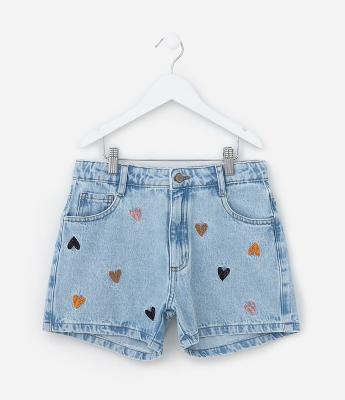 Short Infantil em Jeans com Bordado de Corações - Tam 5 a 14 Anos