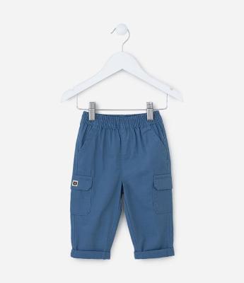 Calça Infantil em Sarja com Bolsos Cargo - Tam 0 a 18 meses