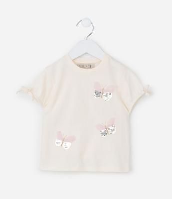 Blusa Infantil com Laço na Manga e Bordado em Paetê - Tam 1 a 6 Anos