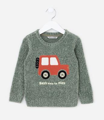 Suéter Infantil em Chenille com Bordado Carro - Tam 1 a 5 Anos