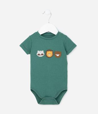 Body Infantil Canelado com Estampa Bichinhos - Tam 0 s 18 meses