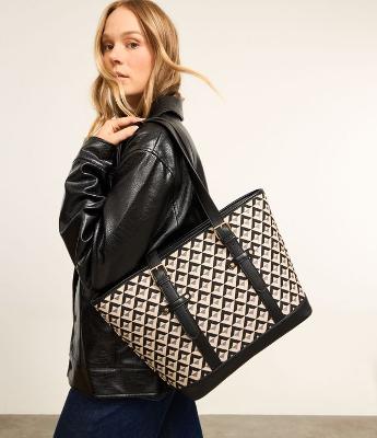 Bolsa Grande em PU com Alças Médias e Estampa Geométrica