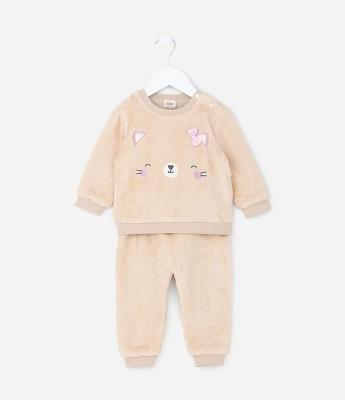 Conjunto Infantil em Fleece com Bordado Carinha de Gatinha - Tam 0 a 18 meses