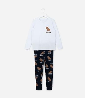 Pijama Infantil em Algodão com Estampa Capivara - Tam 6 a 14 Anos
