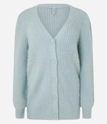 Cardigan Alongado em Tricô com Pelinhos e Punhos Canelados