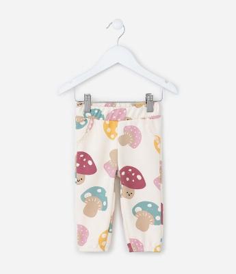 Calça Infantil com Detalhe em Renda e Estampa Cogumelos - Tam 0 a 18 meses