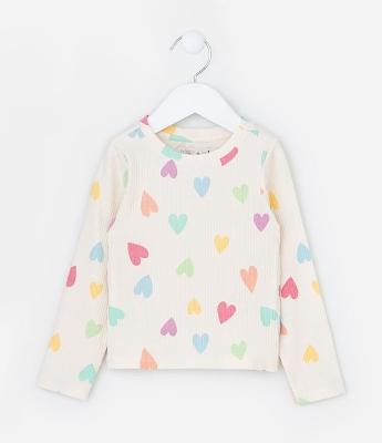 Blusa Infantil Canelada com Estampa de Corações - Tam  1 a 6 Anos