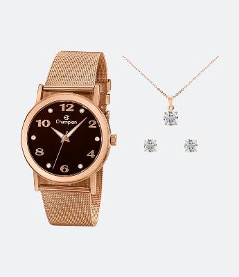 Kit Relógio Champion Analógico com Caixa e Pulseira em Aço Rosegold CN29034D