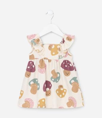 Vestido Infantil Texturizado com Estampa Cogumelos - Tam 0 a 18 meses