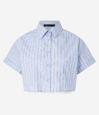 Camisa Cropped em Tricoline com Estampa Listrada