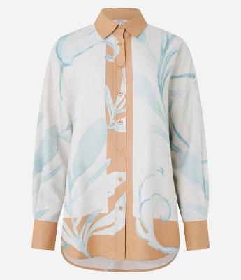 Camisa em Viscose e Linho com Estampa Folhagens Contrastantes