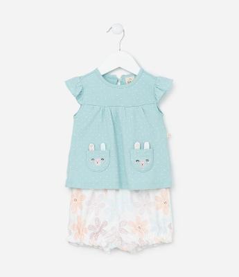 Conjunto Infantil com Bolsos Carinha de Coelho - 0 a 18 meses