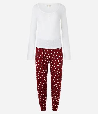 Pijama Longo em Ribana com Calça Poá