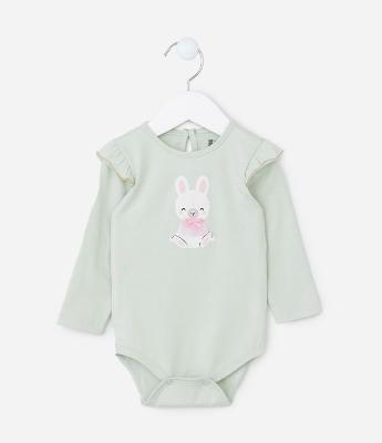 Body Infantil com Babados e Estampa Coelha - Tam 0 a 18 meses