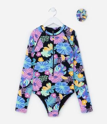 Maiô Infantil com Proteção UV e Estampa Floral - Tam 5 a 14 Anos