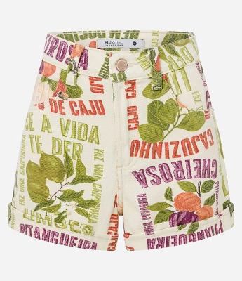 Short Baggy em Jeans Floral com Frutinhas e Pregas