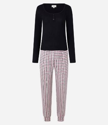 Pijama Longo em Ribana com Calça Xadrez