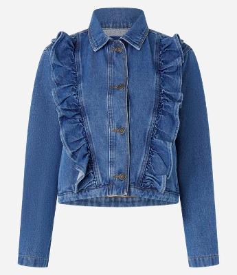 Jaqueta Curta em Jeans com Babados Frontais