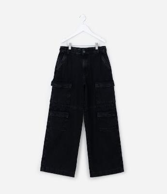 Calça Wide Leg Infantil em Sarja com Bolsos Cargo - Tam 5 a 14 Anos