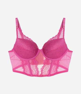 Sutiã Alongado Corsetado em Renda Floral com Bojo Oco