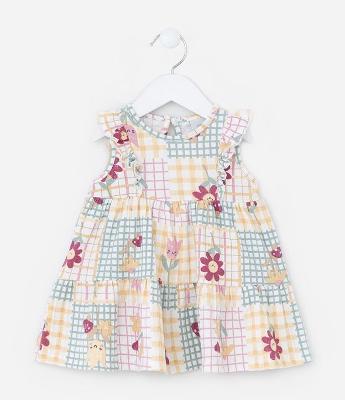 Vestido Infantil com Estampa Floral e Xadrez - Tam 0 a 18 meses