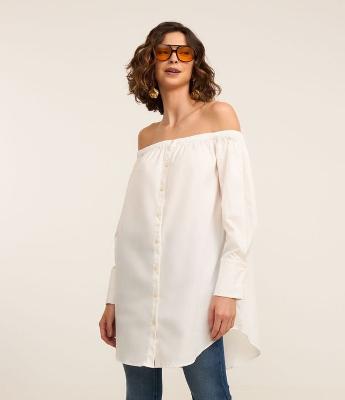 Camisa Oversized em Tricoline com Decote Ombro a Ombro