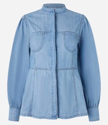 Camisa Jeans Peplum com Bolsinhos e Vista Coberta