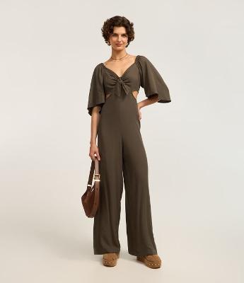 Macacão Reto Longo em Twill com Manga Godê