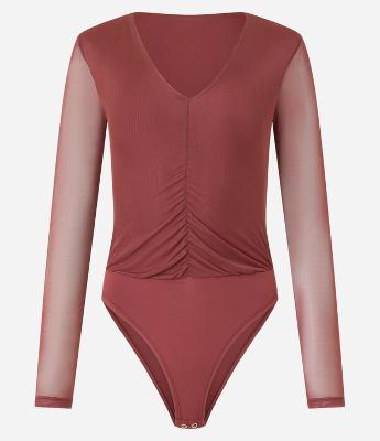Body em Tule com Franzido Frontal e Manga Transparente